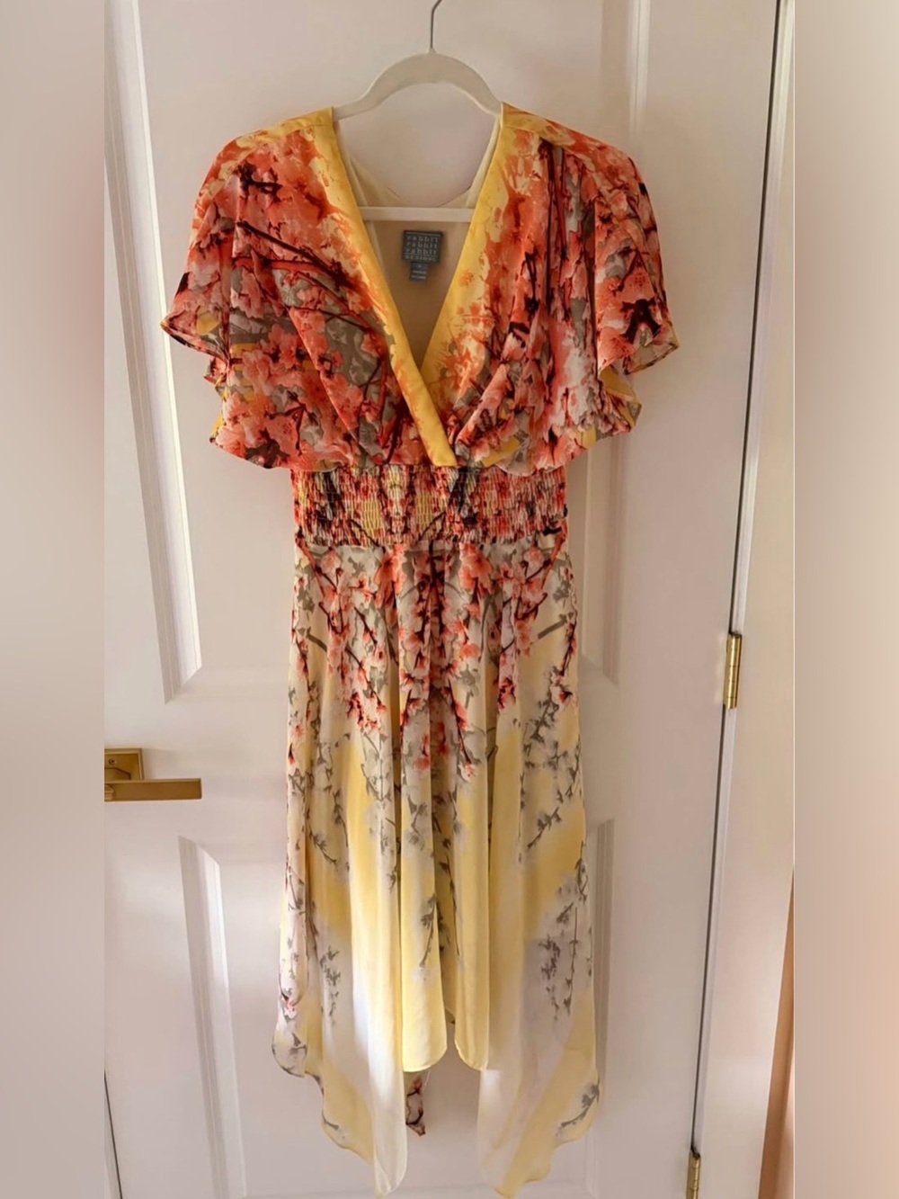 Rabbit Rabbit Rabbit Yellow & Coral Floral High-Low V-Neck Dress